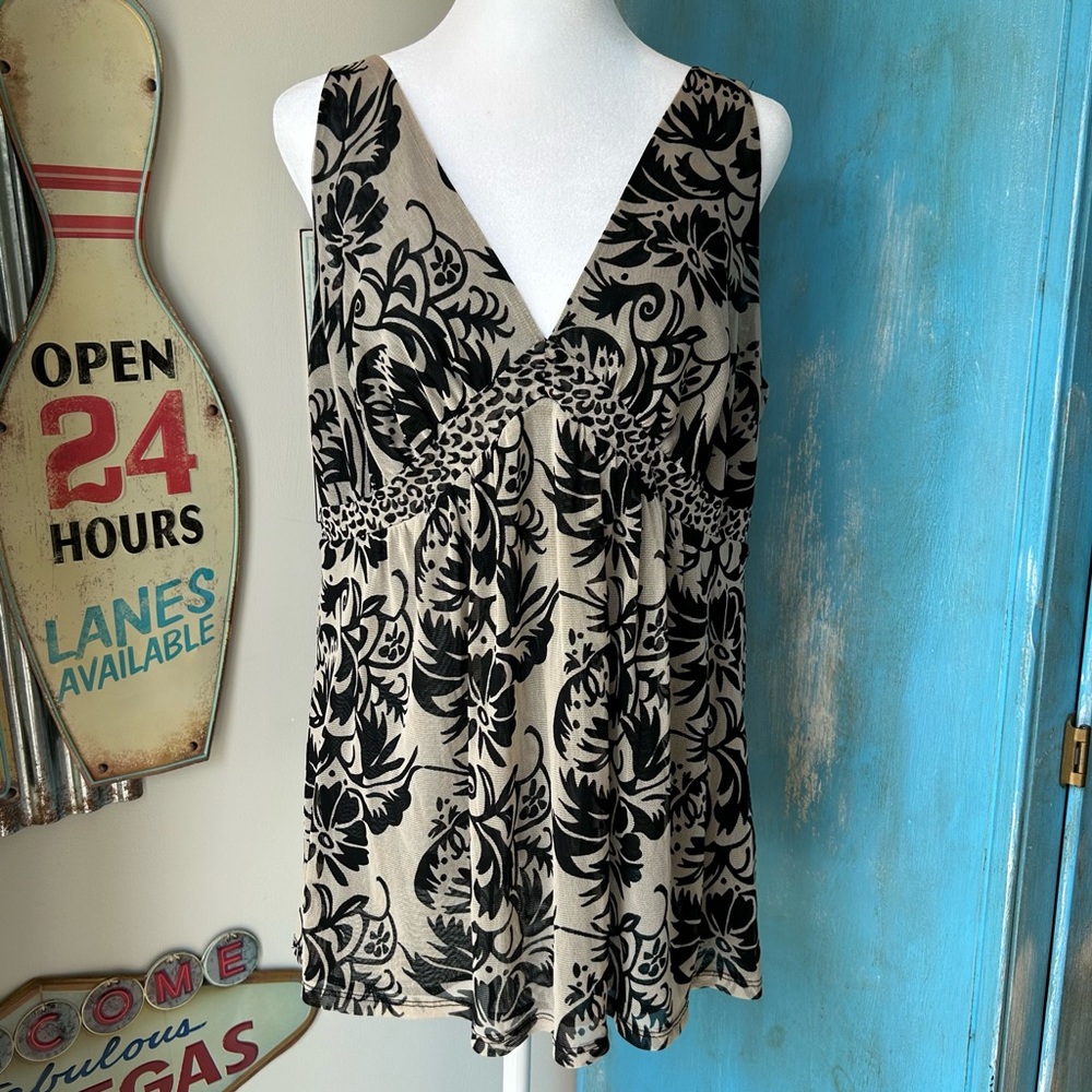 New York & Company Y2K Style Patterned Mesh Layered V-Neck Tank Blouse
